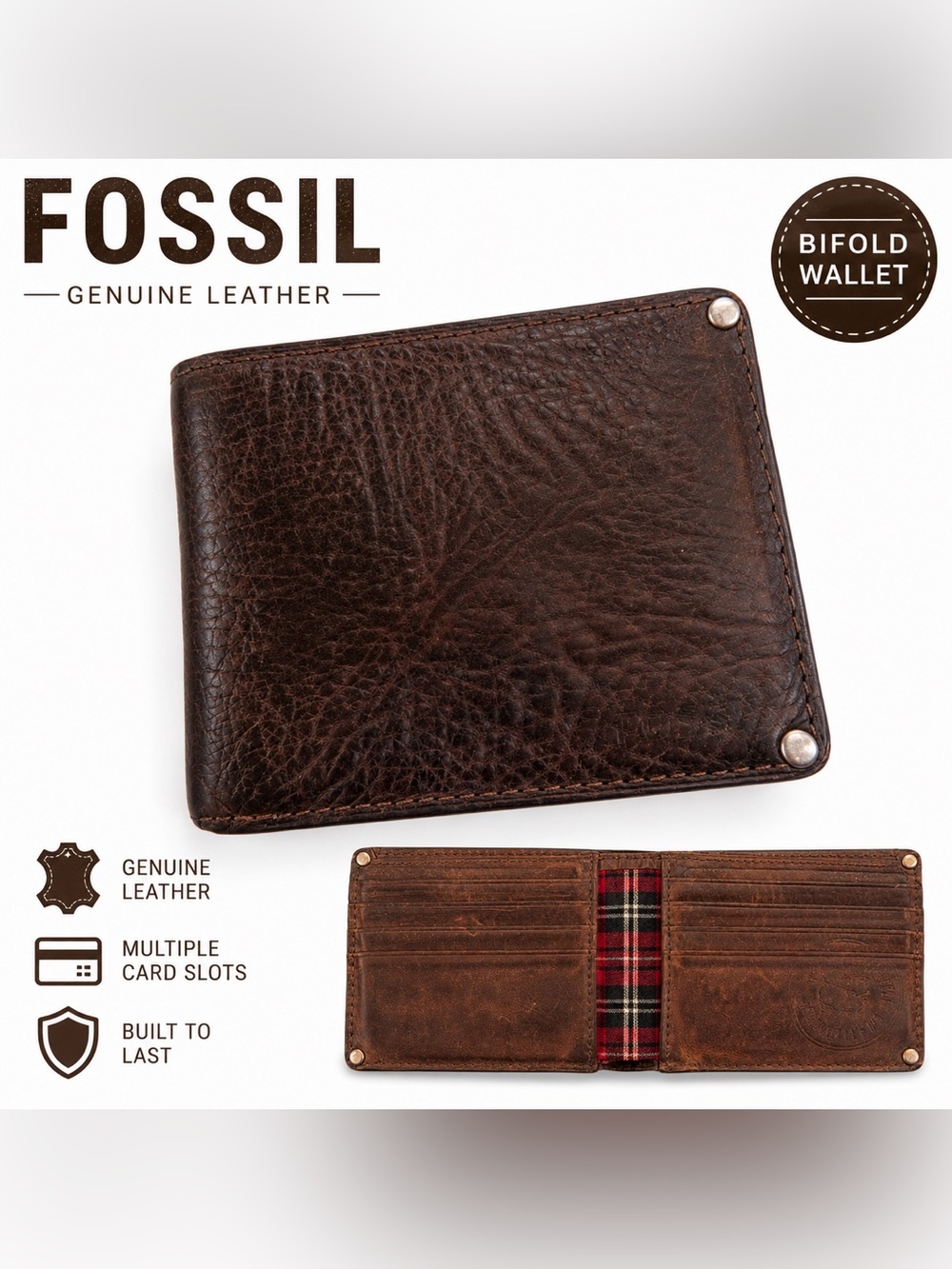 Fossil Brown Leather Bifold Wallet with Plaid Interior